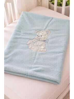 Vintage Quiltex Baby Blanket Blue Teddy Bear Satin Trim Made In USA 45" x 34"